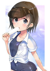  :o arm_at_side ass blue_one-piece_swimsuit blue_sky blush breasts brown_hair buttons cloud collarbone collared_shirt commentary_request covered_navel day dress_shirt eating female food front-tie_top gaichi grey_eyes hair_between_eyes hand_up holding holding_food idolmaster idolmaster_cinderella_girls looking_at_viewer old_school_swimsuit one-piece_swimsuit outside_border parted_bangs parted_lips popsicle sasaki_chie school_swimsuit see-through shiny_clothes shirt short_sleeves sideways_glance skindentation sky small_breasts solo standing straight_hair swimsuit swimsuit_under_clothes tied_shirt unbuttoned unbuttoned_shirt upper_body visor_cap white_shirt wing_collar 