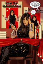  black_bodysuit black_hair bodysuit book bracelet chair character_name commentary dc_comics donna_troy english_commentary english_text female grey_eyes hand_in_own_hair hand_up holding holding_pencil jewelry lips long_hair looking_at_viewer on_chair parted_lips pencil poster_(object) recurring_image shrugging sitting solo sparkle speech_bubble star_(symbol) stjepan_sejic teeth toon_(style) troia western_comics_(style) 