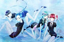  4others alexandrite_(houseki_no_kuni) androgynous bad_link benitoite_(houseki_no_kuni) black_necktie black_shirt black_shorts crystal_hair gem_uniform_(houseki_no_kuni) highres houseki_no_kuni long_hair multiple_others necktie neptunite_(houseki_no_kuni) official_art red_beryl_(houseki_no_kuni) shirt short_hair short_sleeves shorts sparkle 