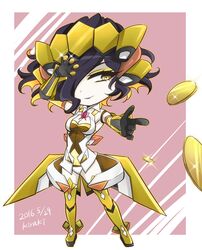  alternate_costume artist_name black_hair black_lips breasts chibi cleavage cleavage_cutout clothing_cutout coin commentary_request cosplay dated eyeshadow female hair_over_one_eye headgear highres kiraki leiur_darahim lipstick makeup medium_breasts multicolored_hair orange_hair senki_zesshou_symphogear short_hair signature solo thighhighs two-tone_hair yellow_eyes yukine_chris yukine_chris_(cosplay) 