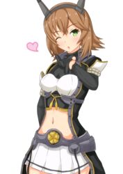  alternate_costume arm_behind_back breasts brown_hair chestnut_mouth commentary_request cowboy_shot female gloves green_eyes hairband head_tilt heart kantai_collection linfa_(futari_midara) looking_at_viewer midriff mutsu_(kancolle) navel one_eye_closed pleated_skirt pointing short_hair skirt solo standing white_skirt 