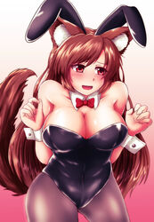  animal_ears bare_shoulders black_leotard bow bowtie breasts cleavage collarbone commentary_request covered_navel cross-species_cosplay detached_collar fake_animal_ears female fishnet_pantyhose fishnets gradient_background high_heels highres imaizumi_kagerou large_breasts leotard long_hair looking_away open_mouth pantyhose playboy_bunny rabbit_ears red_eyes solo sotomichi strapless strapless_leotard tail tail_raised touhou wolf_ears wolf_tail wrist_cuffs 