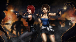  2girls absurdres black_gloves black_skirt blood blood_on_face blue_eyes breasts brown_hair cleavage clothes_around_waist commentary company_connection crossover detached_sleeves dino_crisis dual_wielding english_commentary finger_on_trigger fingerless_gloves firing glock gloves gun handgun highres holding holster jill_valentine medium_breasts multiple_girls photoshop_(medium) pink_lips red_eyes red_hair regina_(dino_crisis) resident_evil resident_evil_3:_nemesis sam_delatore signature skirt strapless sweater sweater_around_waist toned tube_top weapon 