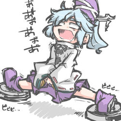  blue_hair commentary_request female hat japanese_clothes kureha_mitsushige mononobe_no_futo no_pupils open_mouth pain photoshop_(medium) ponytail robotic_vacuum_cleaner saliva short_hair skirt solid_eyes solo split straddle_split tate_eboshi touhou vacuum_cleaner 