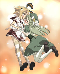  2girls blush brown_hair commentary_request dress eye_contact gen&#039;ei_wo_kakeru_taiyou green_hair hat looking_at_another moon multiple_girls pantyhose photoshop_(medium) ribbon shoes skirt smile striped taiyou_akari thighhighs tsukuyomi_luna white_legwear you2 yuri 