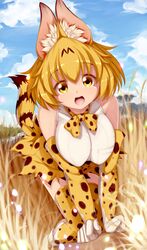  :d all_fours animal_ears bare_shoulders blonde_hair blue_sky bow bowtie breasts cloud collarbone commentary_request day elbow_gloves female gloves hanging_breasts highres kemono_friends large_breasts lips looking_at_viewer mountain open_mouth orange_bow orange_bowtie outdoors print_bow print_bowtie psychopath_idiot savannah serval_(kemono_friends) serval_print shirt skirt sky sleeveless smile solo tail thighhighs yellow_eyes zettai_ryouiki 