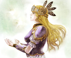  40_40 arm_guards armor armored_dress bad_id bad_pixiv_id blonde_hair breastplate breasts commentary_request female helmet long_hair medium_breasts purple_armor shoulder_pads silmeria_valkyrie solo valkyrie valkyrie_profile_(series) valkyrie_profile_2:_silmeria 