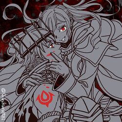  1boy bad_id bad_twitter_id blood chrom_(fell_exalt)_(fire_emblem) chrom_(fire_emblem) cloak crown evil_smile female fire_emblem fire_emblem_awakening fire_emblem_cipher gloves grima_(fire_emblem) hand_on_own_cheek hand_on_own_face holding looking_at_viewer monochrome partially_colored red_eyes robin_(female)_(fire_emblem) robin_(fire_emblem) shirokuro_(0501nk) smile twintails twitter_username upper_body 