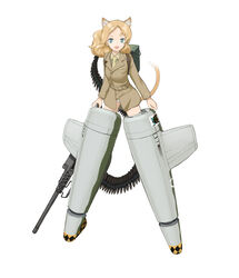  ammunition_box animal_ears blonde_hair browning_m2 cat_ears cat_girl cat_tail commentary_request felicia_o&#039;dean female green_eyes gun heavy_machine_gun highres kuuro_kuro machine_gun military military_uniform necktie open_mouth original p-47_thunderbolt smile solo striker_unit tail uniform weapon white_background world_witches_series 