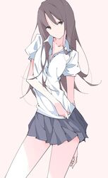  black_eyes black_hair commentary_request dress_shirt female long_hair looking_at_viewer messy_hair original school_uniform shimano shirt skirt smile solo 