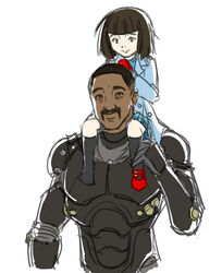  1boy black_hair bob_cut bodysuit brown_hair buzz_cut carrying commentary dark_skin drivesuit facial_hair father_and_daughter female lolicon mako_mori matsu-sensei moustache pacific_rim short_hair shoulder_carry spoilers stacker_pentecost very_short_hair 