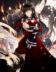  2boys 5girls asou_misaki bad_id bad_pixiv_id black_hair blood blush brown_hair cherry_blossoms choker closed_eyes doll dress eclipse fatal_frame fatal_frame_4 fire ghost grin haibara_ayako haibara_sakuya haibara_you hands inset jacket japanese_clothes jewelry kimono lips long_hair lunar_eclipse mask miya_(fatal_frame) moon multiple_boys multiple_girls nazumi_(sepaseri) necklace petals red_dress scissors shirt short_hair siblings smile tears torch tsukimori_madoka yellow_eyes 