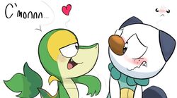  ambiguous_gender anthro blush duo english_text feral freckles fur generation_5_pokemon heart_symbol kippykat mammal mustelid nintendo open_mouth oshawott pokemon pokemon_(species) reptile scalie semi-anthro simple_background snake snivy teeth text tongue white_background white_body white_fur 