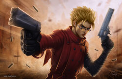  1boy artist_name asymmetrical_clothes bandaged_arm bandages black_gloves blonde_hair blue_eyes brown_background buttons coat double-breasted dual_wielding eyebrows foreshortening furrowed_brow glasses gloves gun handgun holding lips male_focus manly motion_blur outstretched_arm over-rim_eyewear photoshop_(medium) red_coat revolver sam_delatore semi-rimless_eyewear serious shell_casing signature solo spiked_hair tinted_eyewear trigun upper_body vash_the_stampede weapon yellow-tinted_eyewear 