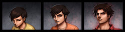  1boy age_progression aura brown_eyes brown_hair closed_eyes collarbone collared_shirt commentary_request highres male_focus multiple_views original photoshop_(medium) portrait sam_delatore shirt t-shirt 