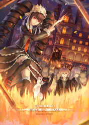  1boy 2girls building burning burning_building card celestia_ludenberg commentary_request danganronpa:_trigger_happy_havoc danganronpa_(series) fire goth_fashion headdress highres kirigiri_kyoko li_jing long_hair looking_at_viewer monokuma multiple_girls naegi_makoto thighhighs 