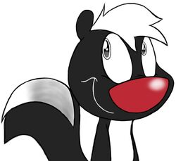  anthro big_eyes big_head big_nose black_body black_fur bust_portrait cartoon_saloon fur hair kippykat looking_aside looking_at_viewer male mammal mephitid nude portrait raised_tail red_nose simple_background skunk skunk_(skunk_fu) skunk_fu smile solo tail toony white_body white_fur white_hair 