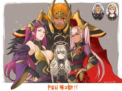  3boys 3girls armor armpits bare_shoulders beard black_armor black_sclera breasts cleavage colored_sclera commentary_request crown dark_skin earrings facial_hair fake_horns feather_trim feathers fire_emblem fire_emblem_fates fire_emblem_heroes gradient_hair grey_hair hair_ornament hand_on_own_hip height_difference helmet horned_helmet horns jewelry laevatein_(fire_emblem) large_breasts loki_(fire_emblem) long_hair looking_at_viewer multicolored_hair multiple_boys multiple_girls mysterious_man_(fire_emblem) not_present orange_hair pink_hair purple_eyes purple_hair red_eyes robaco scar scar_across_eye scar_on_face shoulder_pads surtr_(fire_emblem) twintails veronica_(fire_emblem) xander_(fire_emblem) 