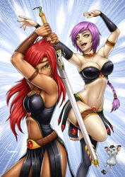  2girls absurdres armlet barefoot black_skirt breasts cleavage commentary_request dark-skinned_female dark_skin facial_mark green_eyes groin headband highres jewelry large_breasts long_hair midriff mouse_(animal) multiple_girls nail_polish navel neck_ring open_mouth original photoshop_(medium) pink_nails purple_hair red_hair ring sam_delatore serious side_slit signature skirt smile standing standing_on_one_leg strapless sword tan toeless_legwear toenail_polish toenails toned tube_top weapon yellow_eyes 