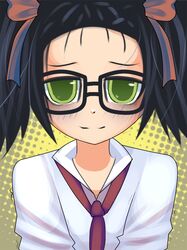  alternate_hairstyle bags_under_eyes black_hair blush commentary_request female forehead glasses green_eyes hair_ribbon hair_up kuroki_tomoko magpii mojo ribbon short_twintails smile solo trembling twintails upper_body watashi_ga_motenai_no_wa_dou_kangaetemo_omaera_ga_warui! 