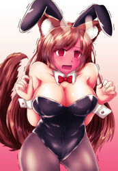  @_@ animal_ears bare_shoulders black_leotard bow bowtie breasts cleavage collarbone commentary_request covered_navel cross-species_cosplay detached_collar fake_animal_ears female fishnet_pantyhose fishnets gradient_background high_heels highres imaizumi_kagerou large_breasts leotard long_hair looking_at_viewer open_mouth pantyhose playboy_bunny rabbit_ears red_eyes solo sotomichi strapless strapless_leotard tail tail_raised touhou trembling wavy_mouth wolf_ears wolf_tail wrist_cuffs 