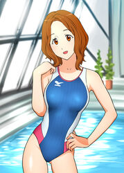  :d amakata_miho brown_eyes brown_hair commentary_request competition_swimsuit female free! hand_on_own_hip head_tilt indoors one-piece_swimsuit open_mouth pool poolside rei_no_pool short_hair smile solo standing swimsuit ueyama_michirou water window 