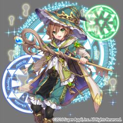  1other :d androgynous aqua_hat black_legwear boots brown_footwear brown_hair cape chains commentary_request company_name green_eyes grey_background hat hat_chain holding holding_staff key keyhole knee_boots lock magic_circle official_art open_mouth rival_arena_vs short_hair smile solo staff standing takamiya_ren witch_hat 