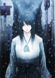  black_hair commentary_request fatal_frame fatal_frame_3 female gauss_&lt;bokashi hakama hakama_skirt japanese_clothes kimono long_hair open_mouth skirt snow snowing solo tree yukishiro_reika 