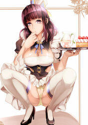  bow breasts cake cameltoe chinese_commentary cleavage clothing_cutout commentary_request crotch_seam derivative_work dress dungeon_and_fighter female female_crusader_(dungeon_and_fighter) female_priest_(dungeon_and_fighter) finger_in_own_mouth food frilled_dress frills gzsd hat high_heels highres holding holding_tray maid medium_breasts panties puffy_short_sleeves puffy_sleeves purple_eyes purple_hair sexually_suggestive short_sleeves side_cutout sidelocks solo spread_legs squatting thighhighs tray underwear yellow_panties 