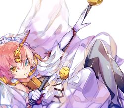  armor bare_shoulders berserker_of_black breasts dress elbow_gloves fate/apocrypha fate_(series) female gloves heterochromia horns mace pink_hair short_hair veil weapon white_dress 