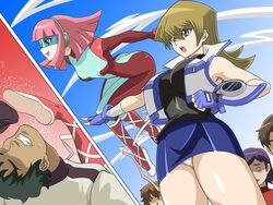  2girls ass bare_legs black_eyes blonde_hair blue_gloves blue_skirt bodysuit breasts clenched_teeth cyber_tutu duel_disk fighting fingerless_gloves floating_hair flying from_below gloves hair_between_eyes headphones highres jacket kicking large_breasts legs long_hair looking_away multiple_girls obelisk_blue_uniform open_mouth outdoors panties pantyshot pantyshot_(standing) pink_hair public sequential serious shiny shiny_skin short_hair skirt sky sleeveless sleeveless_jacket sleeveless_turtleneck smile standing straw_(yokubou_hiroba) tenjouin_asuka thighs turtleneck underwear upskirt vest visor yu-gi-oh! yuu-gi-ou_gx 