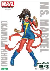  animification artist_name black_eyes black_hair blue_footwear boots character_name clenched_hands commentary_request copyright_name dark-skinned_female dark_skin dated domino_mask female full_body high_heel_boots high_heels highres kamala_khan knee_boots knees_together_feet_apart kotobukiya_bishoujo logo marvel mask ms._marvel pantyhose red_scarf scarf smile solo superhero_costume watermark yamashita_shun&#039;ya 