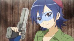  animated animated beret blue_eyes blue_hair desert_eagle female fingerless_gloves gloves goggles gun gun_twirling handgun hat kashima_sonora pistol short_hair smile stella_jogakuin_koutou-ka_c3-bu tokurei_sochi_dantai_stella_jogakuin_c3_bu weapon 