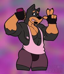  2018 anthro bob_miller_(vrart1) bottomwear canid canine canis claws clothing digital_media_(artwork) dobermann domestic_dog electronics facial_hair fingerless_gloves fur gloves goatee handwear hi_res looking_at_viewer male mammal muscular muscular_anthro muscular_male nipples pecs phone pinscher selfie shirt shorts solo spandex tank_top thick_thighs tight_clothing tongue topwear vrart1 