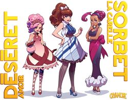  ahoge amulet bag bandana bangle black_legwear bliss_barson blue_eyes bow bracelet braid breasts brown_eyes brown_hair checkered checkered_legwear cleavage criss-cross_halter cryamore curly_hair dark_skin deseret_amoir dress earrings elbow_gloves evening_gown eyeshadow formal french_braid gloves hairband hairbow halterneck handbag high_heels hoop_earrings huge_ahoge jewelry large_breasts lips long_hair makeup mole mole_under_eye multiple_girls neckerchief necklace open_mouth pantyhose pink_hair ponytail purple_hair ring robert_porter rouge_(makeup) shoes small_breasts sorbet_la_carelle striped striped_legwear updo vertical-striped_legwear vertical_stripes 