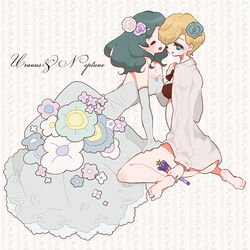  2girls aqua_hair bare_legs barefoot bishoujo_senshi_sailor_moon blonde_hair bottomless character_name commentary_request dress elbow_gloves flower full_body gloves gown hair_flower hair_ornament kaiou_michiru multiple_girls one_eye_closed one_eye_covered rinako_(rococo) rose shirt short_hair sitting strapless strapless_dress ten&#039;ou_haruka very_short_hair wand wariza white_dress white_gloves white_shirt yuri 