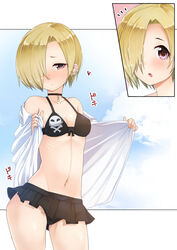  bare_shoulders bikini black_bikini black_choker blonde_hair blue_sky blush choker closed_mouth cloud collarbone commentary_request contrapposto day ear_piercing female frilled_bikini frills gaichi hair_over_one_eye half-closed_eye head_tilt heart idolmaster idolmaster_cinderella_girls long_sleeves multiple_views navel nose_blush notice_lines off_shoulder piercing shirasaka_koume shirt short_hair skull_and_crossbones sky standing swimsuit white_shirt 