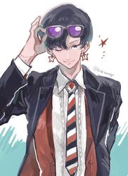  1boy black_hair blazer commentary_request cosplay dashimaki_tamago earrings eshigami_no_kizuna eyewear_on_head jacket jewelry looking_at_viewer male_focus name_connection necktie one_eye_closed protected_link rock_(tezuka_osamu) rock_holmes_(eshigami_no_kizuna) rock_holmes_(eshigami_no_kizuna)_(cosplay) simple_background smile solo star_(symbol) star_earrings star_system striped striped_necktie sunglasses twitter_username white_background 