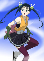  black_hair female hibachi_(mushibugyou) kakkii mushibugyou open_mouth sandals sky twintails 