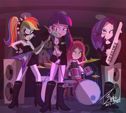  0bluse_(artist) bass_(disambiguation) bone boots bottomwear bra clothing collar drum electronics equestria_girls female footwear hasbro heavy_metal jewelry keyboard_instrument keytar leather makeup microphone musical_instrument my_little_pony percussion_instrument piercing pinkie_pie_(eg) rainbow_dash_(eg) rarity_(eg) skirt skull speaker spike_(disambiguation) stage tongue tongue_piercing twilight_sparkle_(eg) underwear 