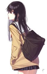  aiko_(aiko_54) artist_name bag black_hair black_skirt brown_cardigan cardigan commentary_request cowboy_shot female from_side hair_between_eyes hands_in_pockets highres koe_no_katachi long_hair looking_at_viewer looking_back neckerchief open_cardigan open_clothes pleated_skirt purple_eyes red_neckerchief school_bag school_uniform serafuku shoulder_bag signature simple_background skirt solo thighs tongue tongue_out ueno_naoka white_background 