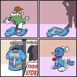  1:1 anthro bell bottomwear brionne brown_eyes clothed clothing clothing_rack collar discovery_channel english_text feral fish generation_7_pokemon hanger hi_res human human_to_inanimate inanimate_transformation male mammal marine meme nintendo open_mouth pants pokemon pokemon_(species) shark shark_week shirt silhouette solo store t-shirt teeth text thrift_store topwear torn_clothing transformation trevor-fox what 