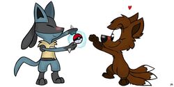  ambiguous_gender anthro black_body black_fur blue_body blue_fur blush brown_body brown_fur canid canine closed_eyes duo fox fur generation_4_pokemon heart_symbol hi_res kippykat lucario mammal nintendo pokeball pokemon pokemon_(species) simple_background smile standard_pokeball teeth 