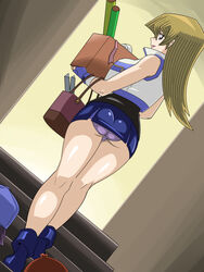  ass bare_legs black_eyes blonde_hair blue_gloves blue_skirt box breasts cap carrying female fingerless_gloves from_behind from_below gloves gluteal_fold highres indoors jacket large_breasts legs long_hair looking_back panties pantyshot pantyshot_(standing) parted_lips purple_panties purse shiny shiny_clothes shiny_skin sideboob skirt sleeveless sleeveless_jacket smile solo_focus stairs standing straw_(yokubou_hiroba) tenjouin_asuka thighs underwear upskirt yu-gi-oh! yuu-gi-ou_gx 