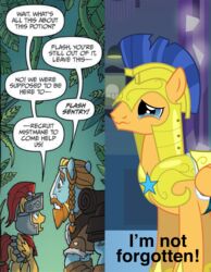  2018 armor beard bodily_fluids dialogue english_text equid equine facial_hair flash_magnus_(mlp) flash_sentry_(mlp) friendship_is_magic galea group hasbro hi_res horse male mammal mlp-silver-quill my_little_pony mythological_creature mythological_equine mythology pegasus pony rockhoof_(mlp) tears text wings 