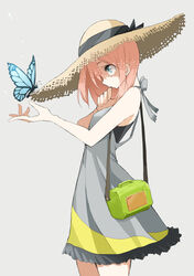  blue_eyes bug butterfly commentary_request dress female hat highres long_hair original photoshop_(medium) pink_hair straw_hat sundress takagi_(tansuke) tansuke 