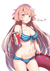  bare_arms bare_shoulders bikini blue_bikini blush breasts brown_hair can cleavage coca-cola commentary_request cowboy_shot drink_can female flower front-tie_bikini_top front-tie_top girls&#039;_frontline hair_flower hair_ornament holding holding_can innertube long_hair looking_at_viewer medium_breasts navel ntw-20_(girls&#039;_frontline) ntw-20_(op._blazing_sun)_(girls&#039;_frontline) official_alternate_costume parted_lips red_eyes red_innertube simple_background soda soda_can solo standing striped_bikini striped_clothes swim_ring swimsuit toki_(yoyobozi) very_long_hair white_background white_flower 