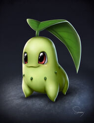  chikorita commentary_request full_body leaf no_humans photoshop_(medium) pokemon pokemon_(creature) red_eyes sam_delatore signature smile solo 