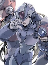  3boys android arm_around_shoulder axl_(mega_man) blonde_hair closed_eyes comforting commentary_request crying fujino_yuuki gloves hand_on_another&#039;s_head helmet long_hair male_focus mega_man_(series) mega_man_x_(series) multiple_boys open_mouth ponytail rubbing_eyes simple_background smile tears teeth white_gloves wiping_tears x_(mega_man) zero_(mega_man) 