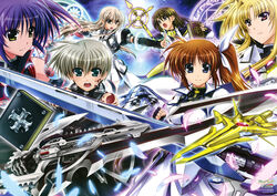  1boy 5girls :o absurdres armor bardiche_(nanoha) bible_of_silver_cross blonde_hair blue_eyes book brown_hair crosier cross ec_divider_code-996 elbow_gloves energy_sword facial_mark fate_testarossa feathers fingerless_gloves fortress_(nanoha) frown gloves gunblade higa_yukari highres isis_egret lily-strosek long_hair lyrical_nanoha magic_circle magical_boy magical_girl mahou_senki_lyrical_nanoha_force multiple_girls official_art outstretched_arm perfume_grab purple_eyes purple_hair raising_heart raising_heart_(standalone_flight_mode) red_eyes schwertkreuz short_hair side_ponytail smile staff strike_cannon sword takamachi_nanoha thoma_avenir tome_of_the_night_sky weapon yagami_hayate yellow_eyes 